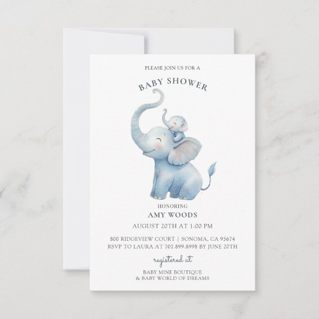 Convite Chuva de Bebê Elefante Adorável em Aquarela (Frente)