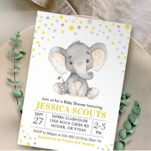Convite Chuva de Bebê Elefante Amarelo Cinza com Bolinhas