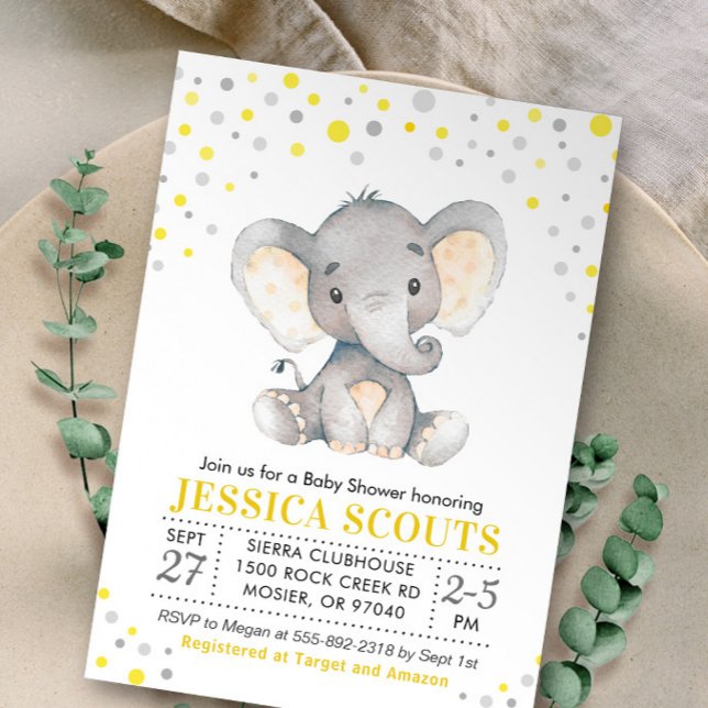 Convite Chuva de Bebê Elefante Amarelo Cinza com Bolinhas  (Criador carregado)