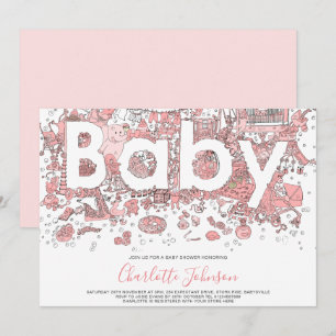 Convite Chuva de Bebê Elefante Aquarela Rosa