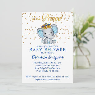 Convite Chuva de Bebê Elefante Azul Dourado Príncipe Real