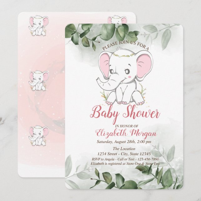 Convite Chuva de Bebê Elefante Bebê, Verde de Eucalipto (Frente/Verso)