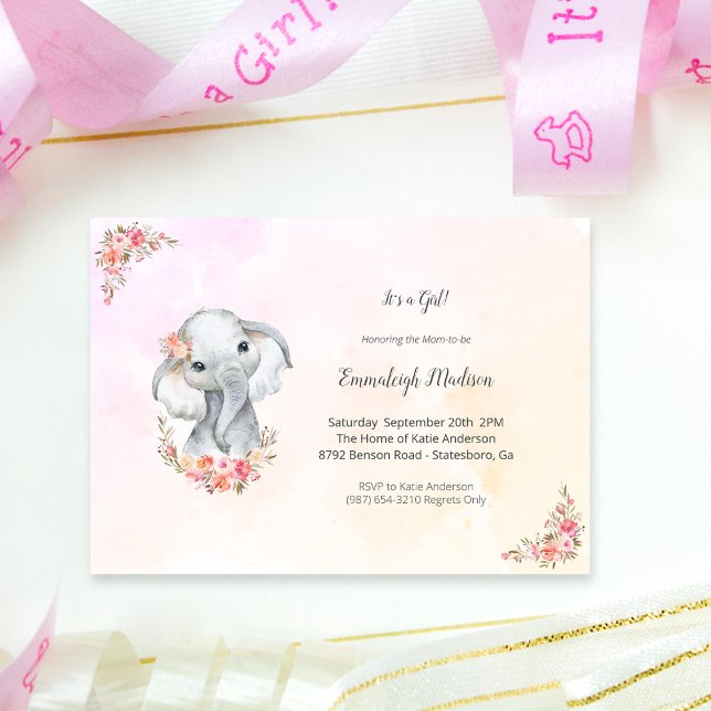 Convite Chuva de Bebê Elefante Boho Chic Coral Aquarela (Criador carregado)