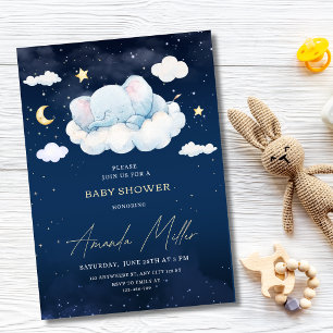 Convite Chuva de Bebê Elefante Céu Noturno Azul Lua Estrel