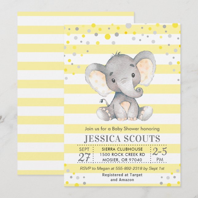 Convite Chuva de Bebê Elefante com Bolinhas Neutro Cinza A (Frente/Verso)