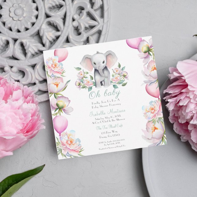 Convite Chuva de Bebê Elefante com Peônias e Balões (This invitation also comes in this design with full coordinating party decorations.)