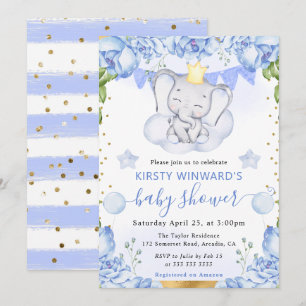 Convite Chuva de Bebê Elefante em Aquarela e Rosas Azuis