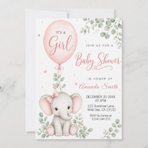 Convite Chuva de Bebê Elefante em Aquarela Rosa & Garotinh