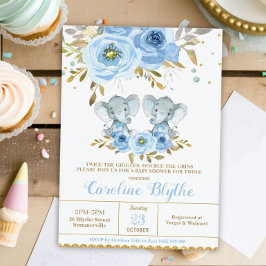 Convite Chuva de Bebê Elefante Floral Azul Bebê Meninos Gê