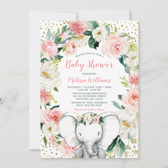 Convite Chuva de Bebê Elefante Floral em Ouro Rosa (Frente)