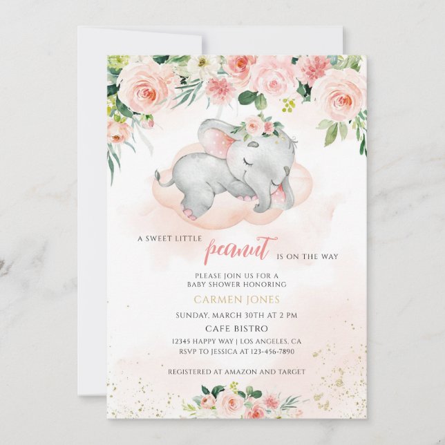 Convite Chuva de Bebê Elefante Floral Rosa (Frente)