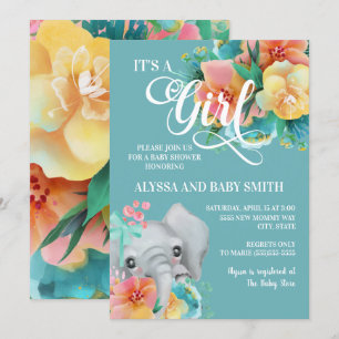Convite Chuva de Bebê Elefante Floral Rosa Azul Amarelo