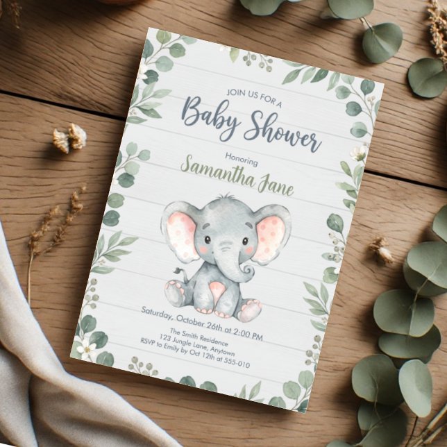 Convite Chuva de Bebê Elefante Folhagem Rústica (Criador carregado)