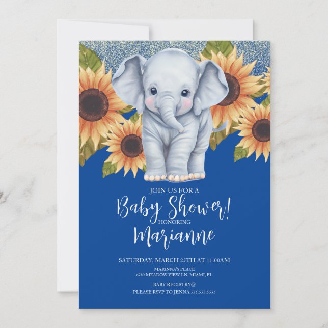 Convite Chuva de Bebê Elefante Girassóis Brilho Azul (Frente)