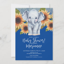 Convite Chuva de Bebê Elefante Girassóis Brilho Azul