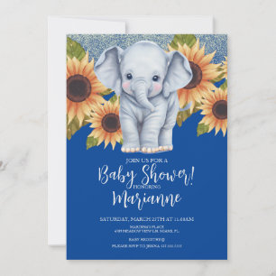 Convite Chuva de Bebê Elefante Girassóis Brilho Azul