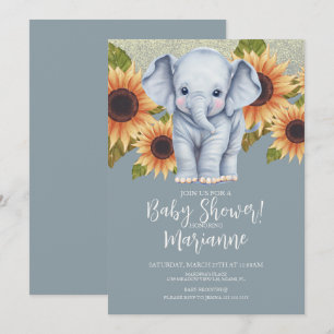 Convite Chuva de Bebê Elefante Girassóis Brilho Azul Empoe