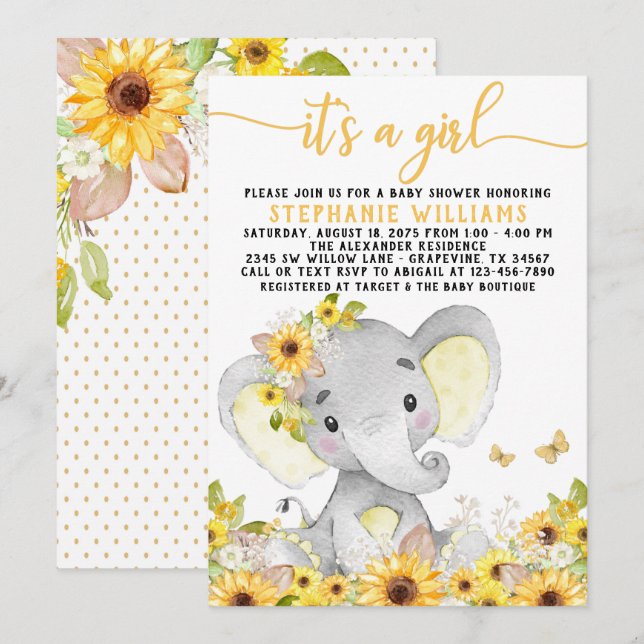 Convite Chuva de Bebê Elefante Girassol (Frente/Verso)