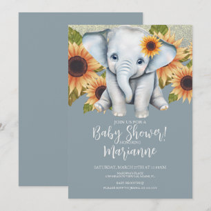 Convite Chuva de Bebê Elefante Girassol Brilho Azul Empoei