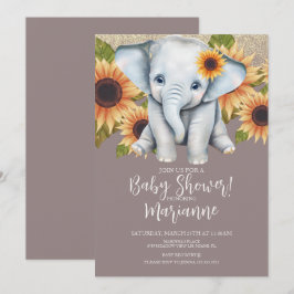 Convite Chuva de Bebê Elefante Girassol Brilho Rosa Empoei