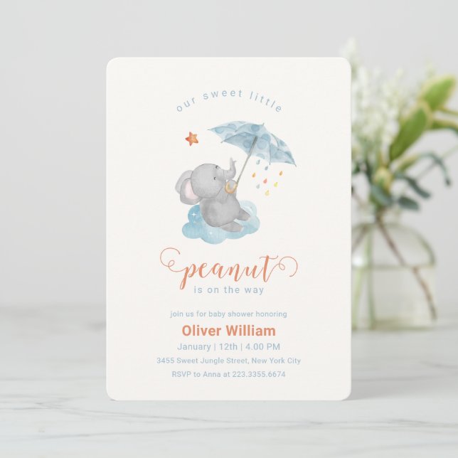 Convite Chuva de Bebê Elefante Guarda-Chuva Azul Amendoim  (Em pé/Frente)