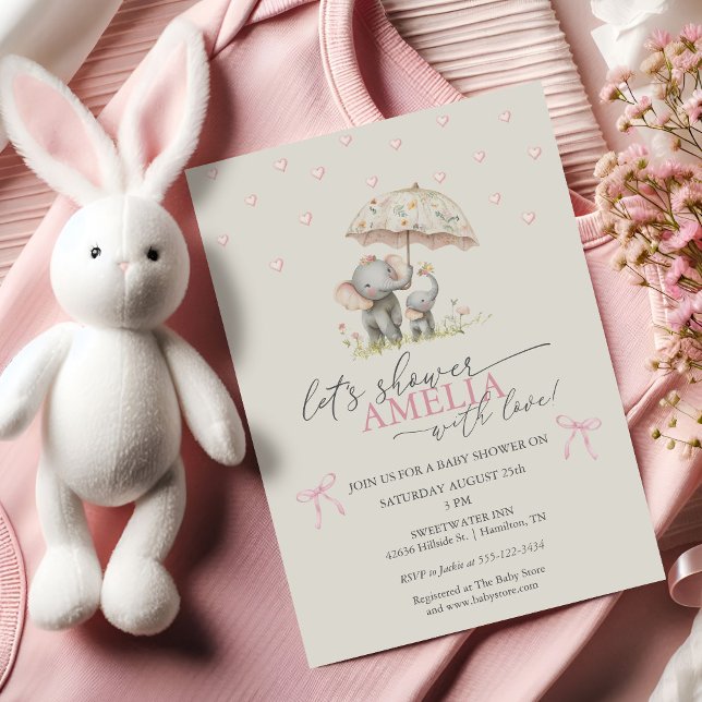 Convite Chuva de Bebê Elefante Guarda-Chuva Floral Menina (Floral Umbrella Elephant Baby Girl Shower Invitation)