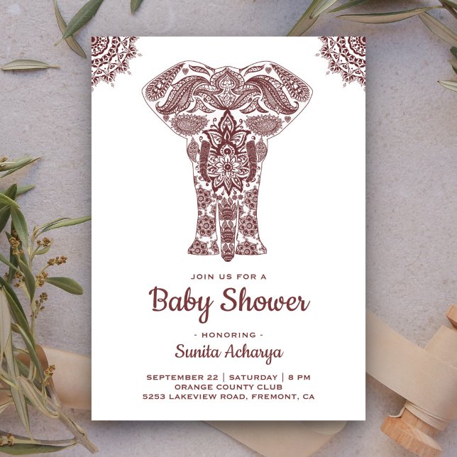 Convite Chuva de Bebê Elefante Indiano Elegante Marrom Hen (Criador carregado)