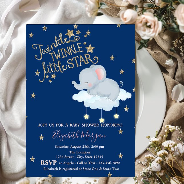 Convite Chuva de Bebê Elefante, Lua, Estrelas Brilhantes (Criador carregado)