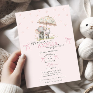 Convite Chuva de Bebê Elefante Mãe e Bebê com Guarda-Chuva
