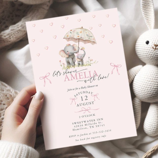 Convite Chuva de Bebê Elefante Mãe e Bebê com Guarda-Chuva (Mom & Baby Elephant with Umbrella Baby Girl Shower Invitation)