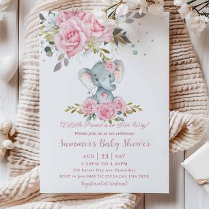 Convite Chuva de Bebê Elefante Menina Rosa Bebê Floral