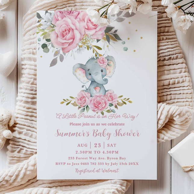Convite Chuva de Bebê Elefante Menina Rosa Bebê Floral (Criador carregado)