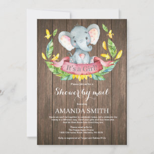 Convite Chuva de Bebê Elefante Menina Rústica por Correio
