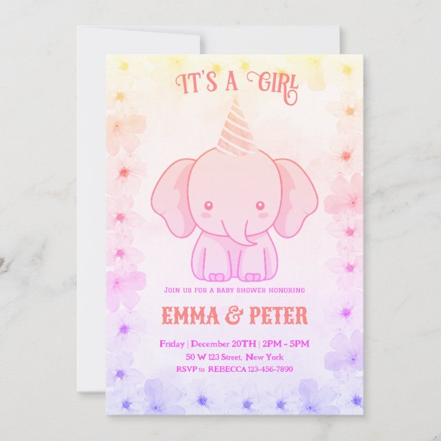 Convite Chuva de Bebê Elefante Rosa Personalizada Fofa (Frente)