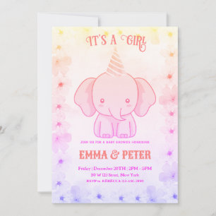 Convite Chuva de Bebê Elefante Rosa Personalizada Fofa