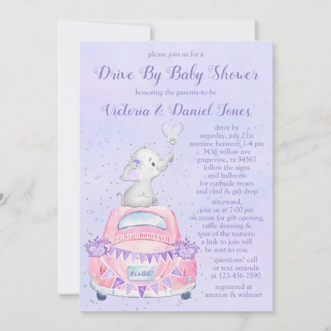 Convite Chuva de Bebê Elefante Roxo Menina Carro (Frente)