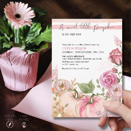 Convite Chuva de Bebê Elegante Abóbora Aquarela Rosa e Dou