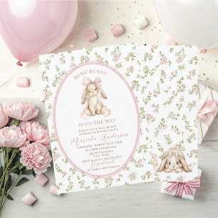 Convite Chuva de Bebê Elegante Aquarela coelhinho laço ros