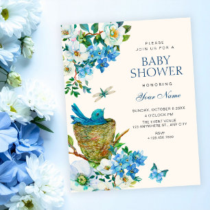 Convite Chuva de bebê elegante arte de pássaro floral azul