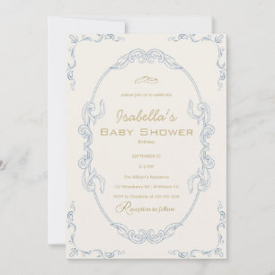 Convite Chuva de bebê elegante azul bege e dourado