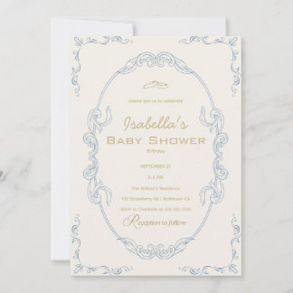 Convite Chuva de bebê elegante azul bege e dourado