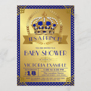 Convite Chuva de Bebê Elegante Azul Real e Dourado Príncip