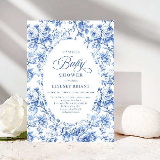 Convite Chuva de Bebê Elegante Boho Dusty Blue Toile de Jo (Elegant Dusty Blue Toile de Jouy Baby Shower Invite)