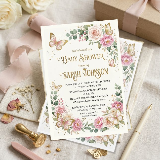 Convite Chuva de Bebê Elegante Borboleta Dourada e Floral  (Criador carregado)