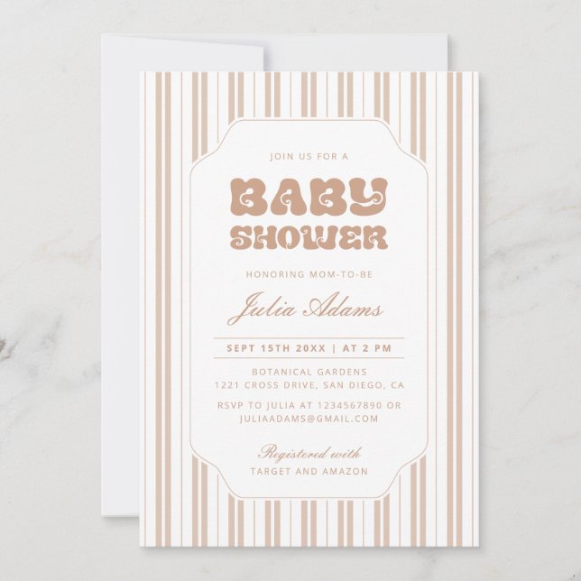 Convite Chuva de Bebê Elegante com Listras de Chocolate Ma (Frente)
