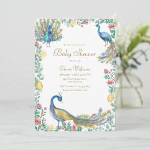 Convite Chuva de Bebê Elegante Floral Limão Pavão