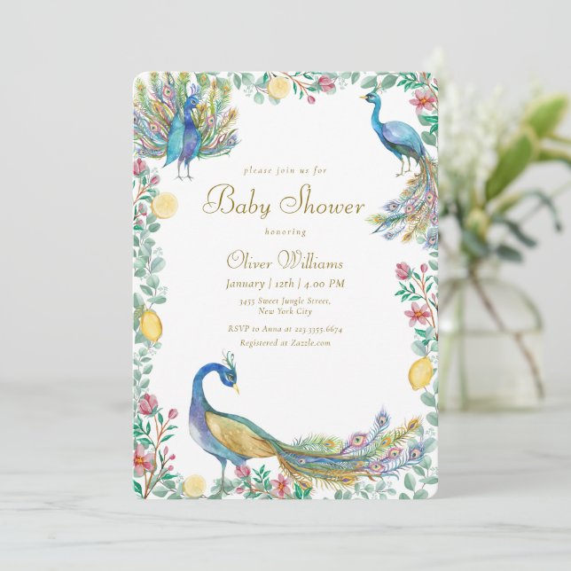 Convite Chuva de Bebê Elegante Floral Limão Pavão (Em pé/Frente)