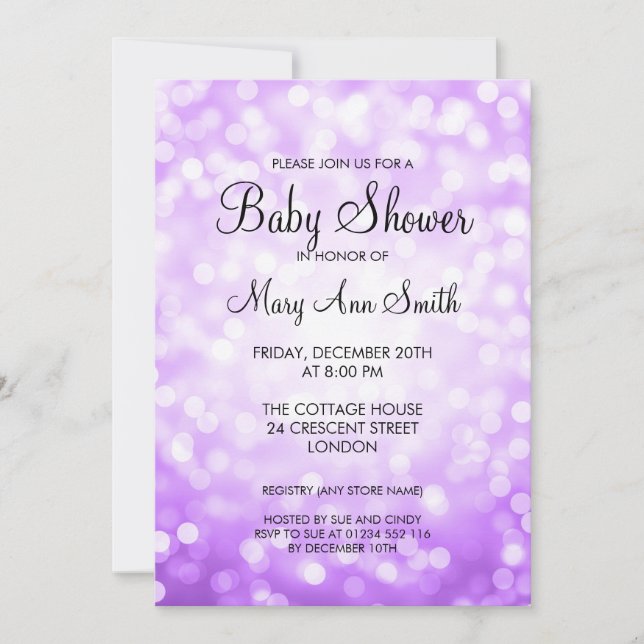 Convite Chuva de Bebê Elegante Luzes de Brilho Roxo (Frente)