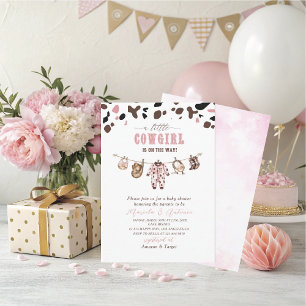 Convite Chuva de Bebê Elegante Menina Cowgirl Rosa Aquarel