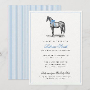 Convite Chuva de Bebê Elegante Menino Azul Cavalo Equino V
